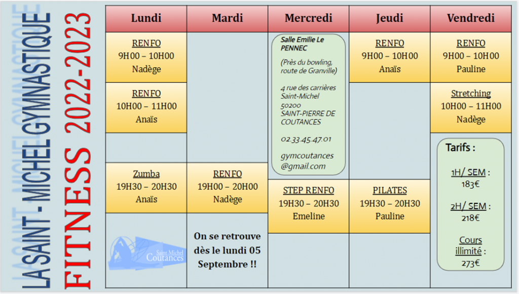 Planning adulte saison 2022-2023 - Saint-Michel Gymnastique Coutances
